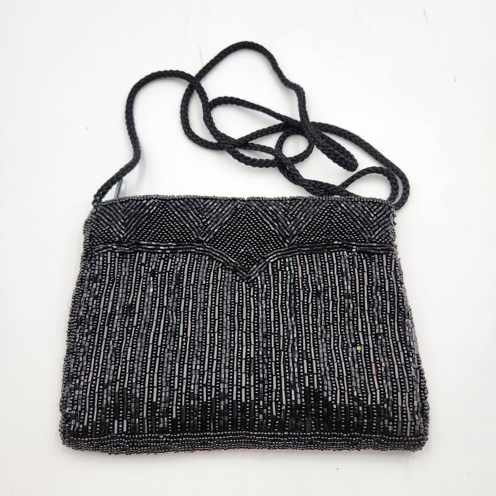 Vintage FDC Shoulder Bag Womens Black Beaded Zipper Braided Crossbody Strap